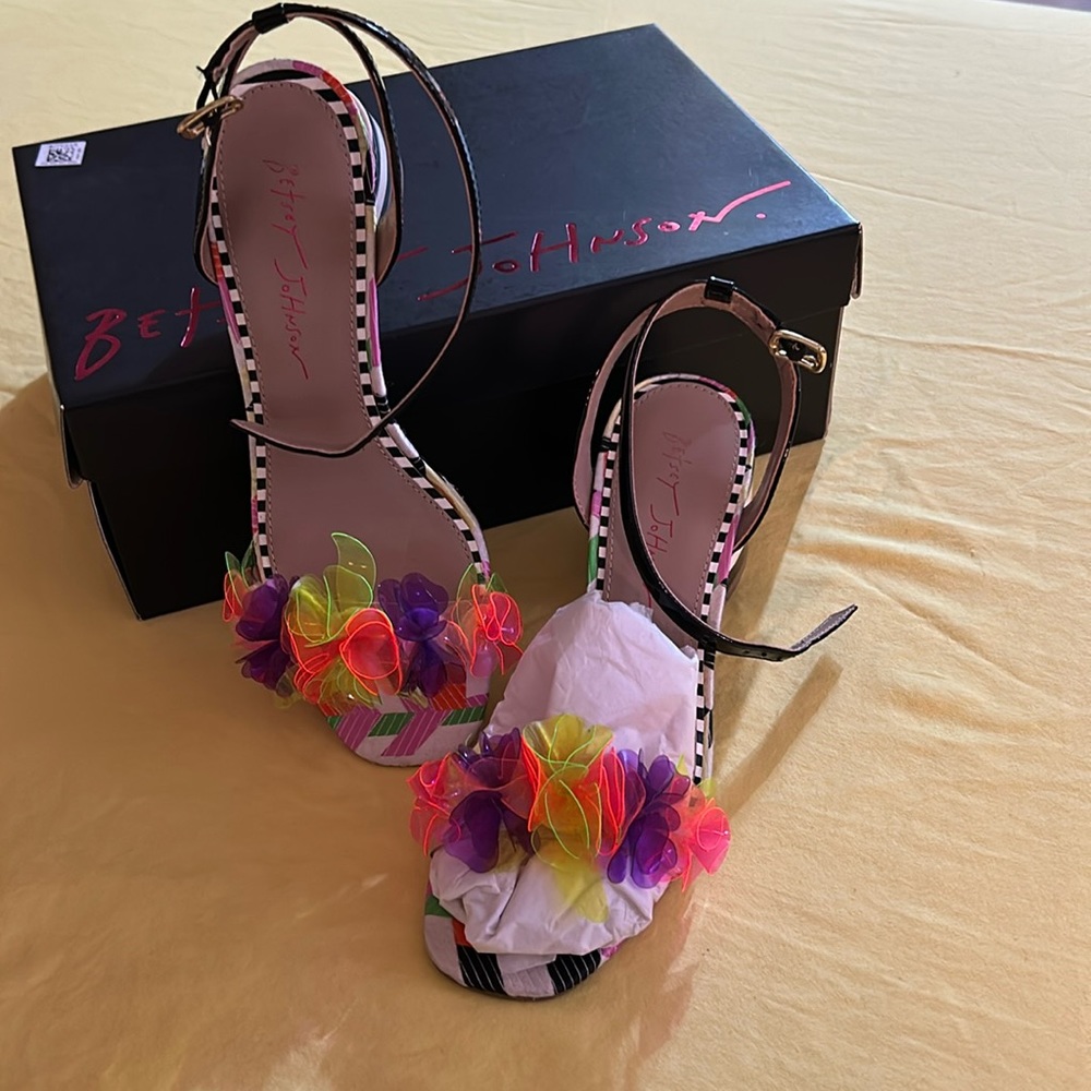 Betsey Johnson Multicolor Floral Beaded Mesh Strap Sandals